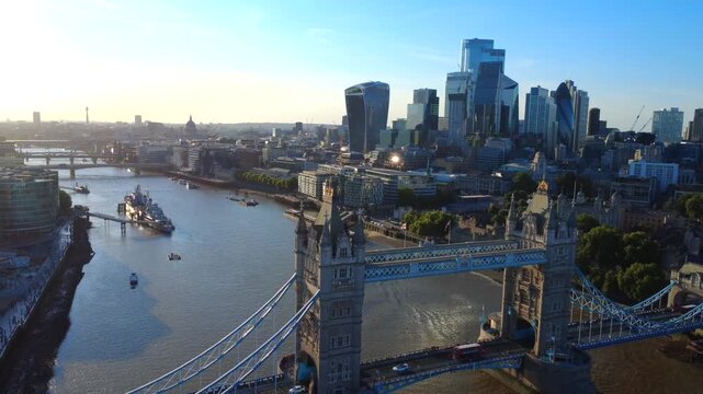 London, United Kingdom &ndash; August 11, 2026: 4K aerial drone footage showing Tower Bridge with the City of London skyline behind it at sunset. The shot shows the River Thames, Tower Bridge and modern bui