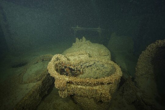Wreck sections overgrown with quagga zebra mussels (Dreissena rostriformis bugensis), an invasive species, lie on the sandy bed of Lake Constance, dive site: the Jura wreck, Lake Constance, Bottighofen, Switzerland, M&uuml;nsterlingen, Germany
