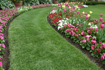 Obraz premium The Garden Pathway Winding Through Colorful Flower Beds in Spring