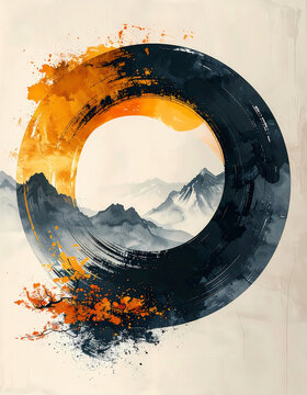 Modern oriental zen circle brush stroke framing misty watercolor mountains and autumn maple tree on light background