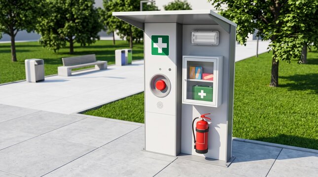 Outdoor public safety station with first aid kit and fire extinguisher