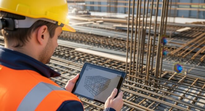 Construction worker using tablet on building site.