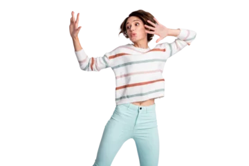 Fotobehang Onderzeeër Photo of pretty shiny young woman dressed striped pullover dancing rising arms isolated grey color background  © deagreez