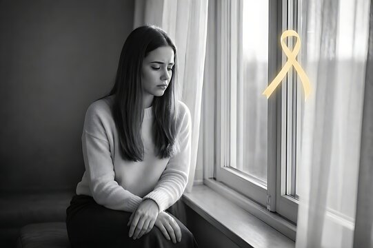 Sad Depressed Young Woman Sitting Near Window with Yellow Awareness Ribbon