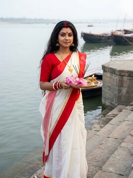 Indian woman in traditional saree holding a prayer plate by the river ganges