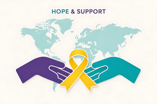 World Map with Helping Hands and Yellow Ribbon for Global Suicide Prevention with "Hope & support" typography 