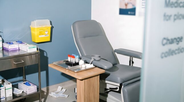 Modern medical blood collection room with phlebotomy chair and laboratory equipment.