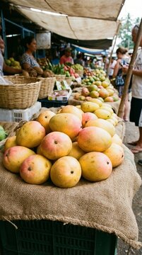 Vibrant fresh produce market stall overflowing with colorful fruits and vegetables, perfect for healthy eating themes, culinary content, or grocery store promotions, abundant harvest scene