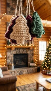 hand crochet christmas tree ornaments, rustic log cabin interior, warm cozy holiday atmosphere, festive home decor, woolen yarn crafts