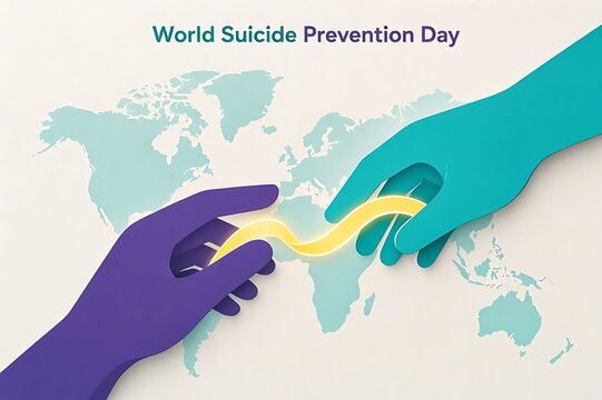 Two Stylized Hands Holding Ribbon over World Map for Suicide Prevention Day "world suicide prevention"