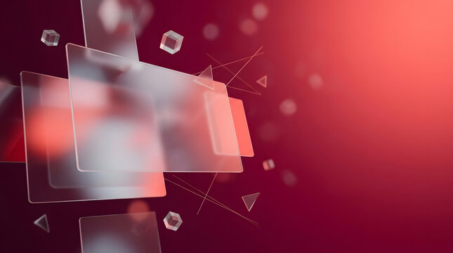 Abstract 3D Glassmorphism Background with Floating Frosted Glass Panels and Red Geometric Shapes