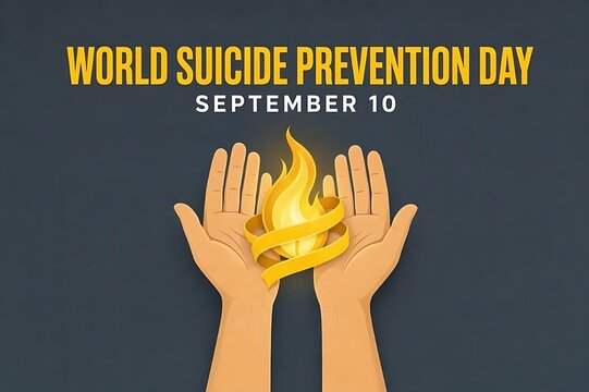 Open Hands Holding Glowing Flame and Ribbon for Suicide Prevention Day