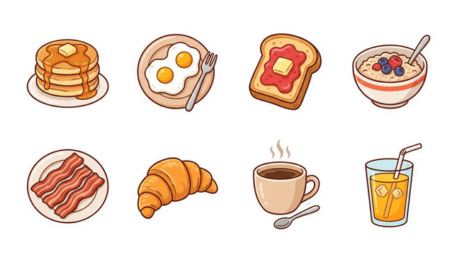 Set of hand drawn breakfast food icons including pancakes, eggs, toast, and coffee drinks