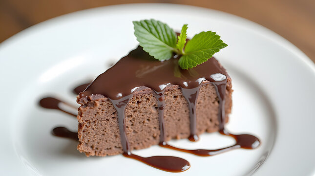 Chocolate cake slice on white plate with mint leaf garnish and chocolate drizzle