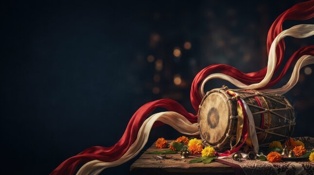 Festive Indian Drum with Flowing Red and White Fabric and Bokeh Lights dhol celebration