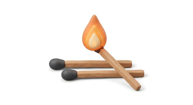 3D Minimalist Render of Two Crossed Wooden Matchsticks with Warm Orange Flame on Clean White Background