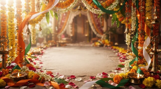 Indian Festival Decoration with Flower Garlands Ribbons Bells and Oil Lamps archway celebration