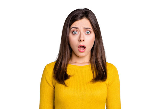Photo of impressed brunette nice lady open mouth wear yellow sweater isolated on grey color background