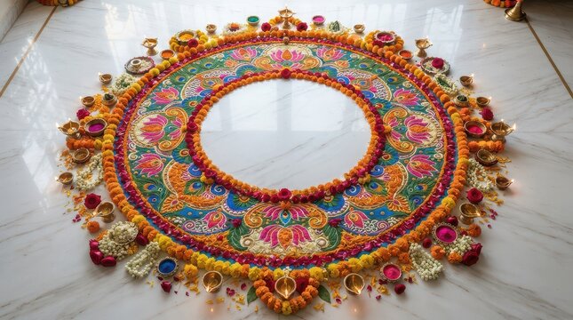 Intricate circular Rangoli design made of colorful flowers and diyas on a marble floor Diwali festival