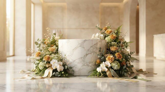 Marble podium surrounded by floral arrangements of roses and orchids in a bright interior cylinder display