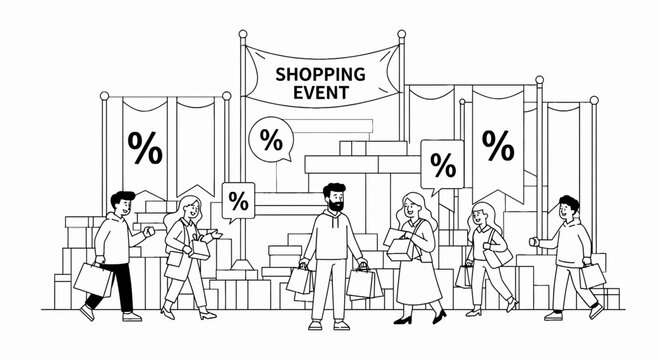 People carrying bags at a large organized shopping event.