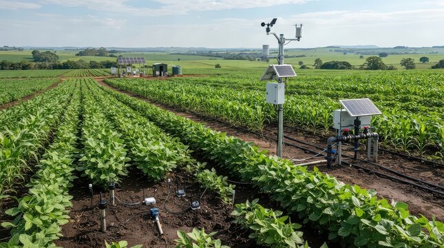 Smart Agriculture Field with Rows of Crops and Advanced Monitoring Technology smart farming