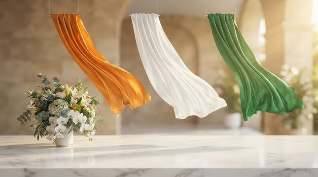 Three flowing fabric panels in orange white and green hanging in a bright airy space cloth textile