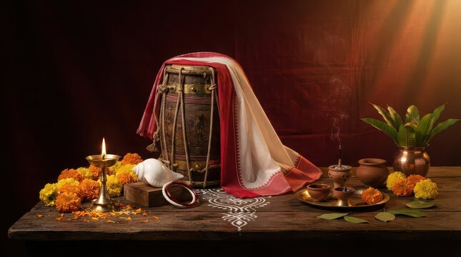 Traditional Indian Puja Ceremony Setup with Drum Flowers and Oil Lamp Indian culture ritual