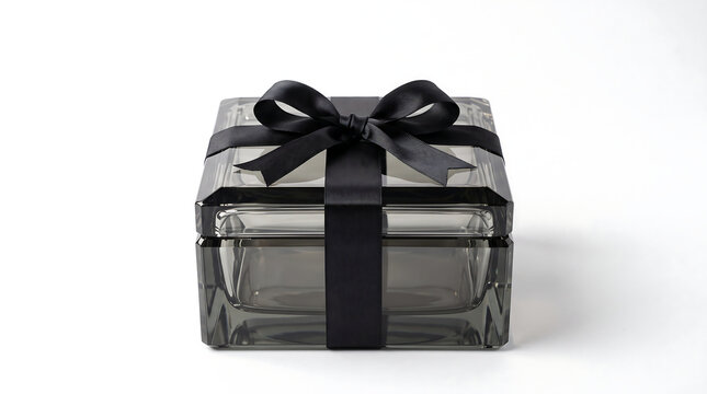 Luxury smoky black glass gift box with black satin ribbon bow, premium dark packaging mockup