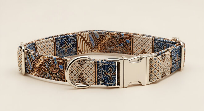 Patterned dog collar with ethnic design and silver buckle