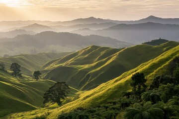 Obraz premium The Rolling Green Hills at Sunrise Over Misty Valley Landscape