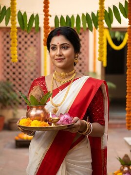 Beautiful indian woman in traditional saree holding puja thali for festival