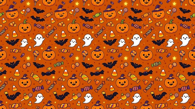 Cute Halloween seamless pattern with pumpkins, ghosts, bats and colorful candy on orange background