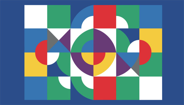 Bold abstract pattern showcases a grid of colorful circles semi circles and triangles in red green blue yellow and purple.