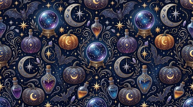 Magical seamless halloween pattern with crystal balls, potions, pumpkins, and moons on dark blue