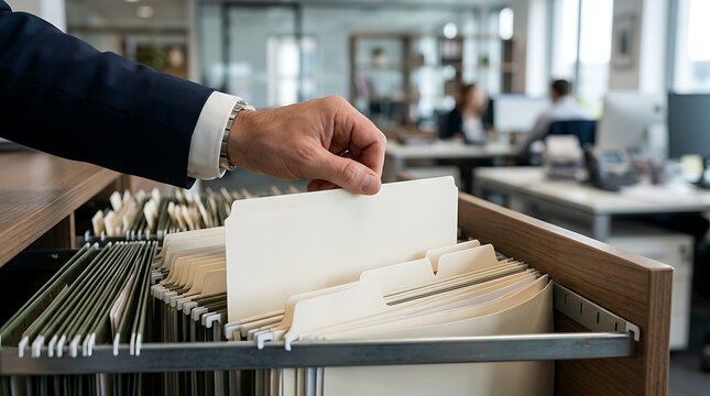 Man pulling manila file folder from open wooden cabinet drawer in busy corporate workplace office hand arm suit sleeve.