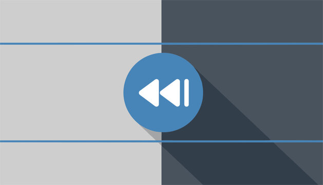 Circular blue icon for rewind or previous track features a soft long shadow against a split grey background.