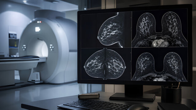 Fibrocystic breast change radiology imaging concept with mammogram and ultrasound views in a clinical diagnostic room for healthcare, medical education, radiology, and patient education use