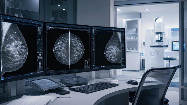 Fibrocystic breast change radiology imaging concept with mammogram and ultrasound views in a clinical diagnostic room for healthcare, medical education, radiology, and patient education use