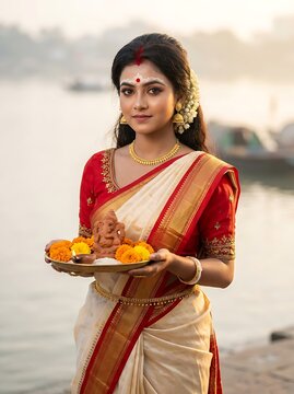Beautiful indian woman in traditional saree holding ganesha idol for puja