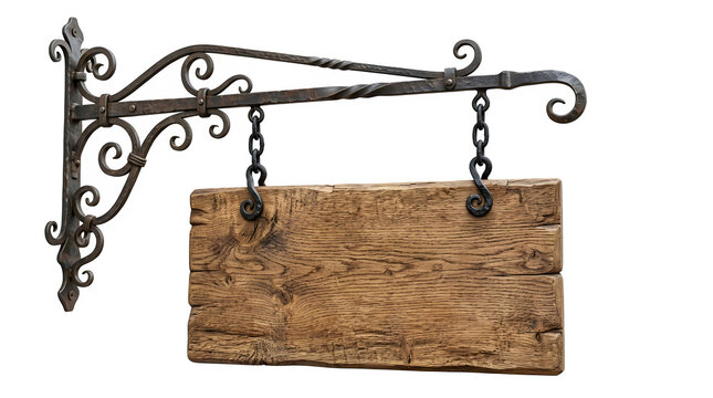 Vintage wooden sign hanging from an ornate wrought iron bracket isolated on transparent background