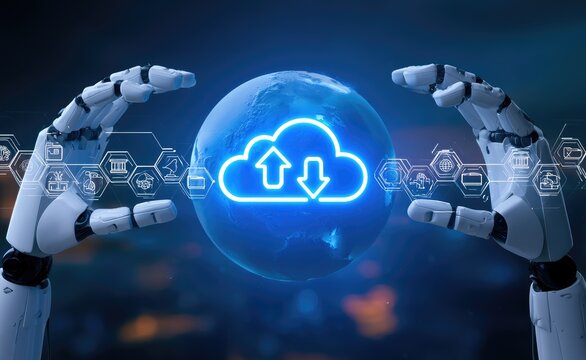 Robotic Hands Holding Global Cloud Computing Network Concept.