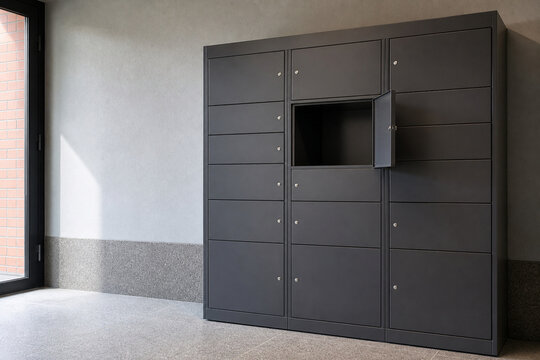 Secure parcel lockers in a modern apartment lobby