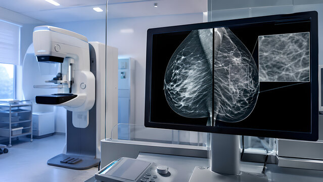 Fibrocystic breast change radiology imaging concept with mammogram and ultrasound views in a clinical diagnostic room for healthcare, medical education, radiology, and patient education use