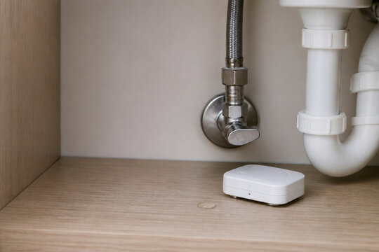 Water leak sensor installed beneath a kitchen sink