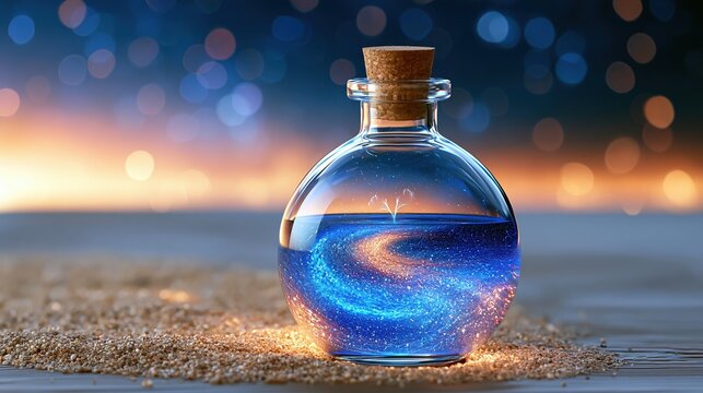 Magical Galaxy Swirl in a Bottle on Sand with Bokeh Lights Background