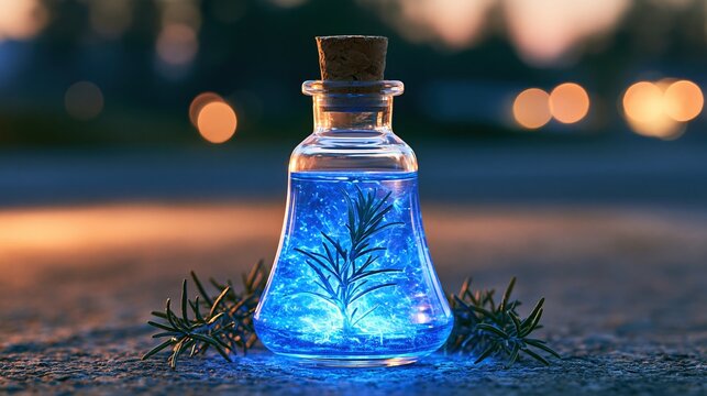 Magical glowing potion in a glass bottle with rosemary herb and bokeh lights at dusk