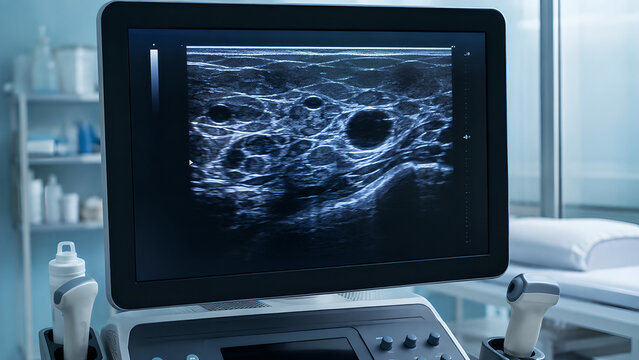Fibrocystic breast change radiology imaging concept with mammogram and ultrasound views in a clinical diagnostic room for healthcare, medical education, radiology, and patient education use