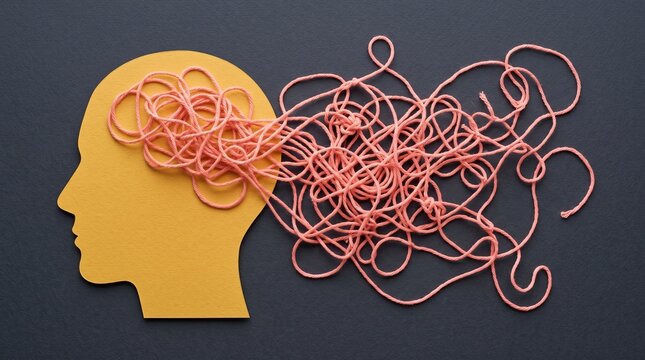A profile of a head showing a cluttered mind as jumbled text made of pink yarn for mental health awareness.