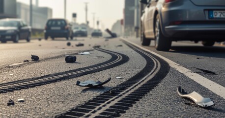 Fototapeta premium A low angle perspective captures a toy train track gracefully curving along a city sidewalk with indistinct pedestrians walking in the distance